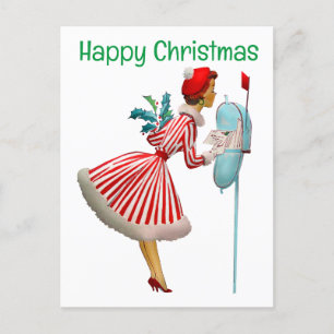 Carte Postale 1950 Vintage femme de Noël avec cadeaux
