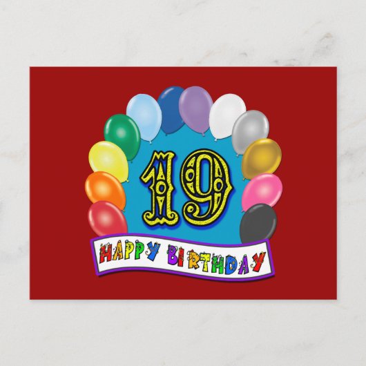 Carte Postale 19e anniversaire Cadeaux avec ballons assortis (Devant)