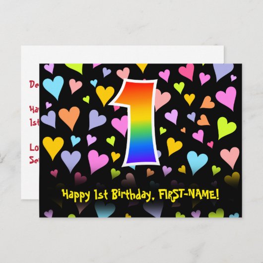 Carte Postale 1er anniversaire : motif coeurs amusants, arc-en-c (Devant / Derrière)