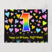 Carte Postale 1er anniversaire : motif coeurs amusants, arc-en-c (Devant)