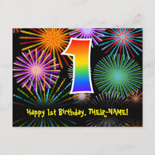 Carte Postale 1er anniversaire – motif de feux d'artifice amusan
