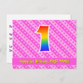 Carte Postale 1er anniversaire : rayures roses et cœurs, arc-en- (Devant / Derrière)