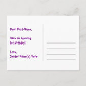 Carte Postale 1er anniversaire : rayures roses et cœurs, arc-en- (Dos)