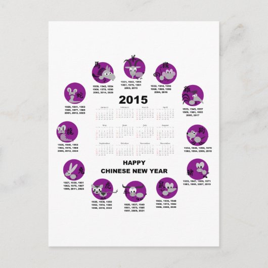 Carte Postale 2015 Zodiac Calendar Happy Chinese New Yr (Devant)