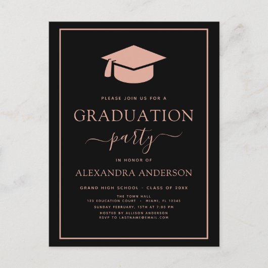 Carte Postale 2022 Graduation Party Blush rose noir élégant Inv (Devant)