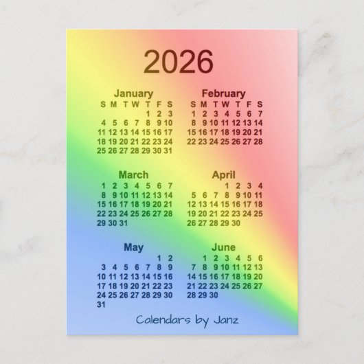Carte Postale 2026 Arc en ciel 6 mois Mini calendrier par Janz (Devant)