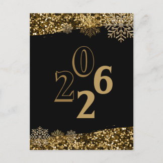 Carte Postale 2026  Black Gold Glitter Snowflake New Year 