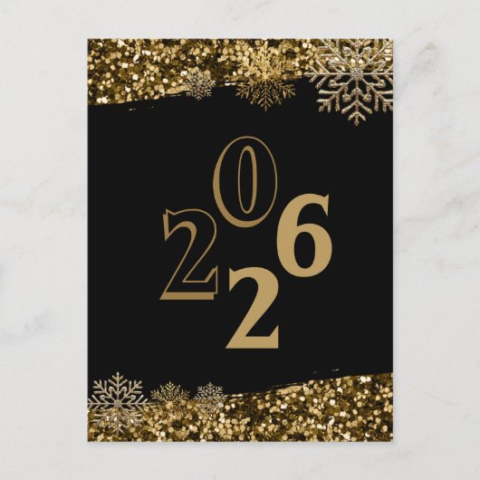Carte Postale 2026  Black Gold Glitter Snowflake New Year  (Devant)