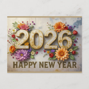 Carte Postale 2026 Bonne Année Élégant Moderne Floral