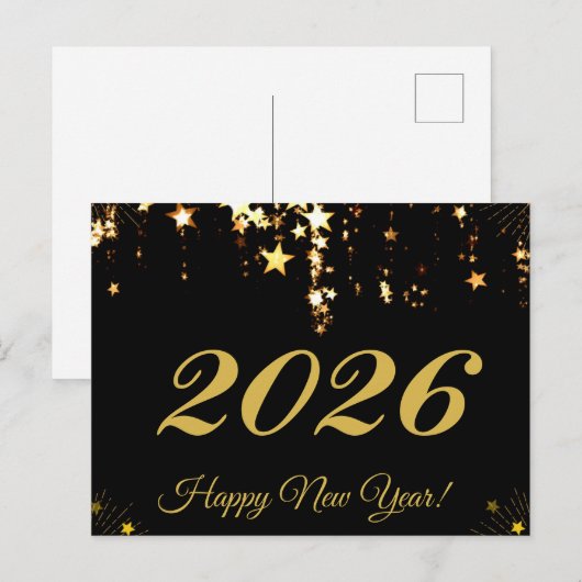 Carte Postale 2026, Bonne année ! étoiles d'or et arrière - plan (Devant / Derrière)