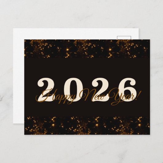Carte Postale 2026, Bonne année! Parties scintillant d'or noir a (Devant / Derrière)