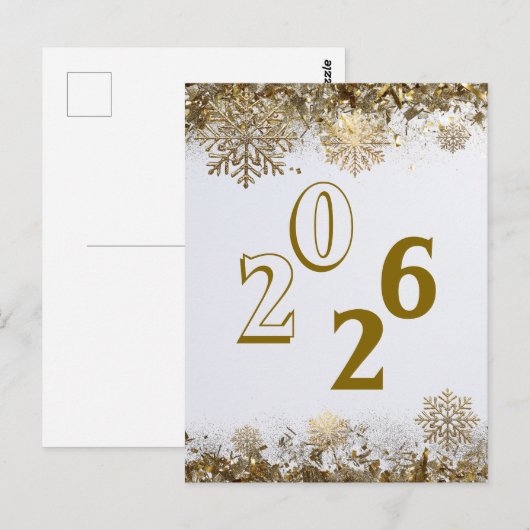 Carte Postale 2026 Gold Glitter Snowflake New Year logo company (Devant / Derrière)
