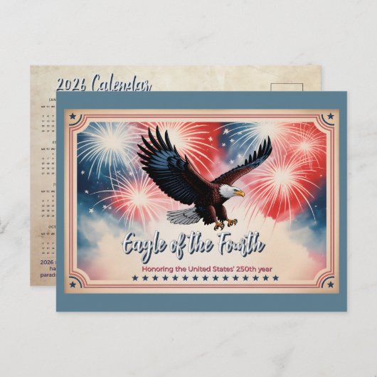 Carte Postale 2026 Mini Calendar Firework, "Eagle of the Fourth" (Devant / Derrière)