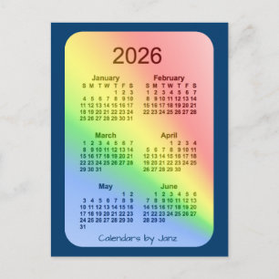 Carte Postale 2026 Rainbow Blue 6 mois Mini calendrier par Janz