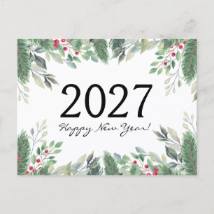 Carte Postale 2027 Bonne année, verdure de vacances baies rouges