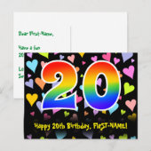 Carte Postale 20e Anniversaire : motif coeurs amusants, arc-en-c (Devant / Derrière)