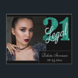 Carte Postale 21 et juridique | Green 21st Birthday Photo Merci<br><div class="desc">Etre 21 et enfin légal est une énorme étape ! Ce thème d'anniversaire "21 ans et légal" d'inspiration glam grunge présente une fausse parties scintillant avec une superposition de script pour la meilleure façon de célébrer et de commémorer l'événement. Pour des personnalisations ou d'autres couleurs, veuillez visiter JustFharryn @ Zazzle.com...</div>