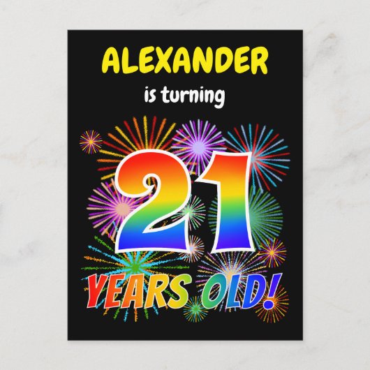 Carte Postale 21e anniversaire - Fun Fireworks, Rainbow Look "21 (Devant)