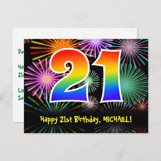 Carte Postale 21e anniversaire - Fun Motif Fireworks + Arc-en-ci (Devant / Derrière)