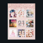 Carte Postale 21e anniversaire parties scintillant photo rose or<br><div class="desc">Une invitation pour une fête de 21ème anniversaire amusante, glamour et unique, célébrant sa vie avec un collage de 8 de vos photos. Sur le devant : Personnalisez et ajoutez un nom, 21 ans et la date du parti. Lettres gris et rose foncé de couleur or. Elégante et tendance couleur...</div>