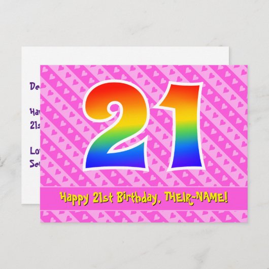 Carte Postale 21e anniversaire : Pink Stripes & Hearts, Arc-en-c (Devant / Derrière)