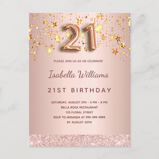 Carte Postale 21e anniversaire rose or blush étoiles or (Devant)