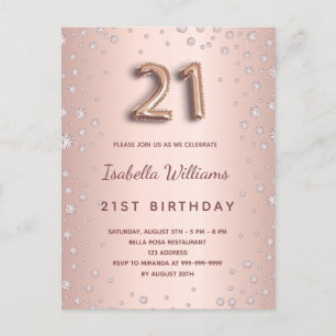 Carte Postale 21e anniversaire rose or diamons script de ballon