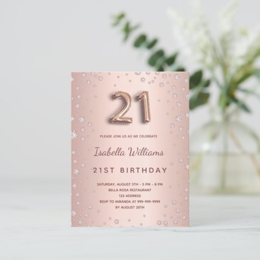Carte Postale 21e anniversaire rose or diamons script de ballon (Debout devant)