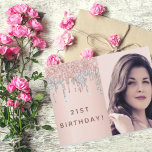 Carte Postale 21e anniversaire rose or parties scintillant photo<br><div class="desc">Une invitation glamour pour une fête de 21e anniversaire. Un arrière - plan à dégradé d'or rose décoré d'or rose, rose et faux argent parties scintillant gouttes, la peinture goutte à goutte. Personnalisez et ajoutez votre propre photo verticale de la fille d'anniversaire. Ajoutez les détails de votre fête à l'arrière....</div>