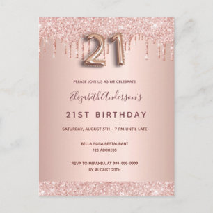 Carte Postale 21e anniversaire rose or parties scintillant rose