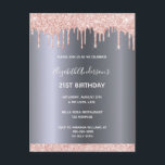 Carte Postale 21st birthday rose gold glitter drips<br><div class="desc">A moderne, stylish and glamorous invite for a 21st birthday party. A faux silver metallic looking background with elegant faux rose gold glitter drip, paint drip look. Le nom est un style moderne, à la main blanche lettered script. Templates for your party détails. Tip: If you don't want it to...</div>