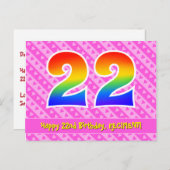 Carte Postale 22e Anniversaire : Bandes roses & Cœurs, Arc-en-ci (Devant / Derrière)