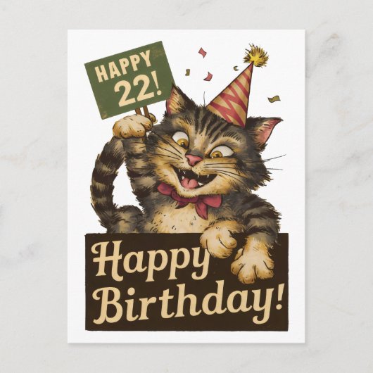 Carte Postale 22e anniversaire mignon drôle chat vintage (Devant)