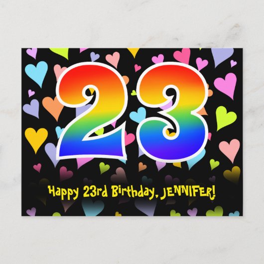 Carte Postale 23e Anniversaire : Motif coeurs amusants, Arc-en-c (Devant)