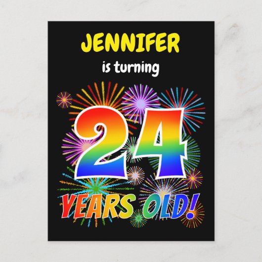 Carte Postale 24e anniversaire - Fun Fireworks, Rainbow Look "24 (Devant)