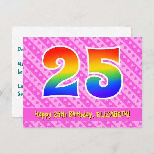Carte Postale 25e anniversaire : rayures roses et cœurs, arc-en- (Devant / Derrière)