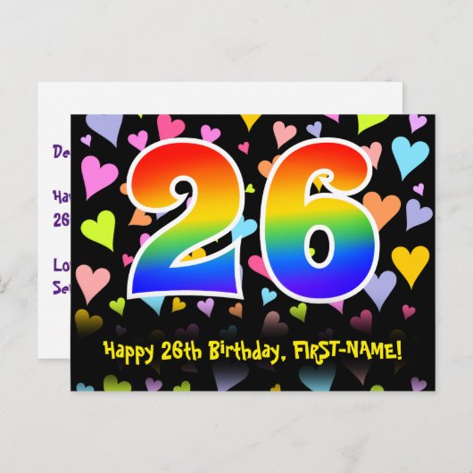 Carte Postale 26e anniversaire : Fun Hearts Motif, Arc-en-ciel 2 (Devant / Derrière)