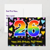 Carte Postale 26e anniversaire : motif de cœurs amusants, arc-en (Devant / Derrière)