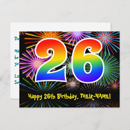 Carte Postale 26e Anniversaire – Motif de feux d'artifice amusan (Devant / Derrière)
