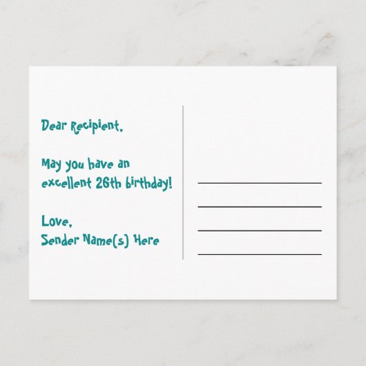 Carte Postale 26e anniversaire : rayures roses et cœurs, arc-en- (Dos)