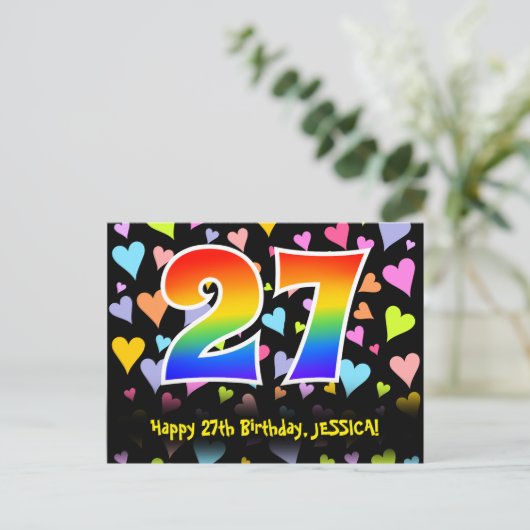 Carte Postale 27e anniversaire : Fun Hearts Motif, Arc-en-ciel 2 (Debout devant)