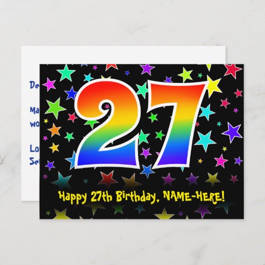 Carte Postale 27e Anniversaire : motif d'étoiles amusantes, arc- (Devant / Derrière)