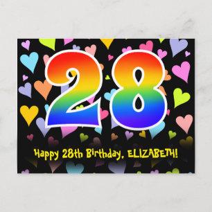 Carte Postale 28e Anniversaire : Motif de cœurs amusants, Arc-en
