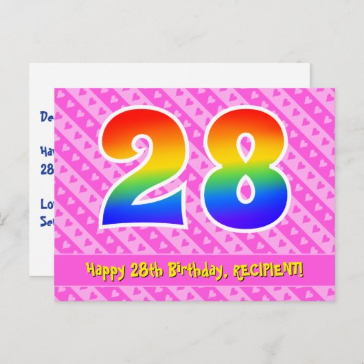 Carte Postale 28e Anniversaire : Rayures roses & Cœurs, Arc-en-c (Devant / Derrière)