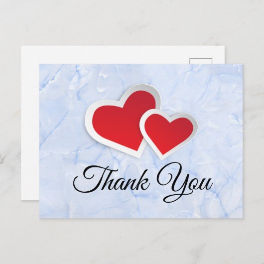 Carte Postale 2 Coeurs en papier rouge sur Merci en marbre bleu  (Devant / Derrière)