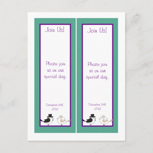 Carte Postale 2 Inséparables Signets Mariages Turquoises/violets (Devant)