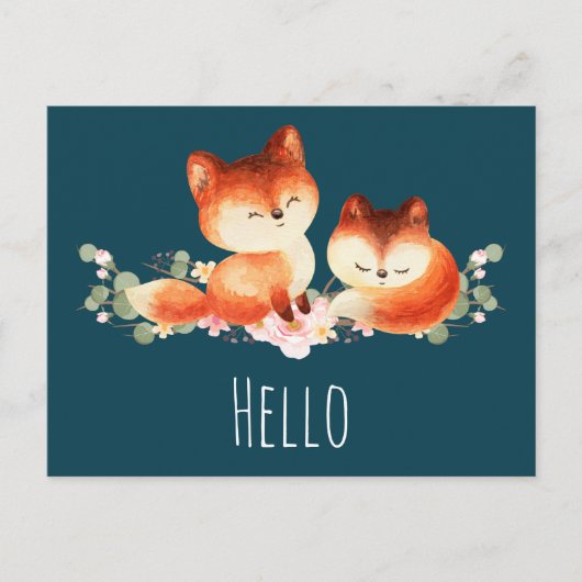 Carte Postale 2 mignons Petits Renards Rouges Aquarelle Design (Devant)