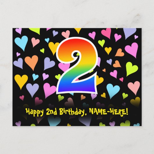 Carte Postale 2e anniversaire : motif coeurs amusants, arc-en-ci (Devant)
