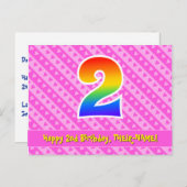 Carte Postale 2e anniversaire : rayures roses et cœurs, arc-en-c (Devant / Derrière)