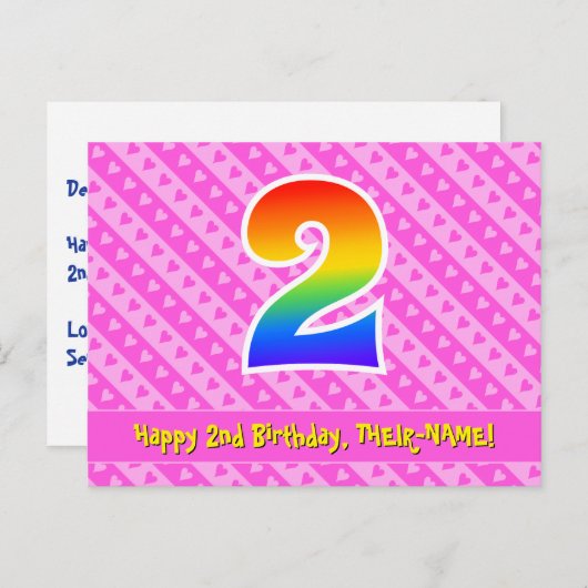 Carte Postale 2e anniversaire : rayures roses et cœurs, arc-en-c (Devant / Derrière)